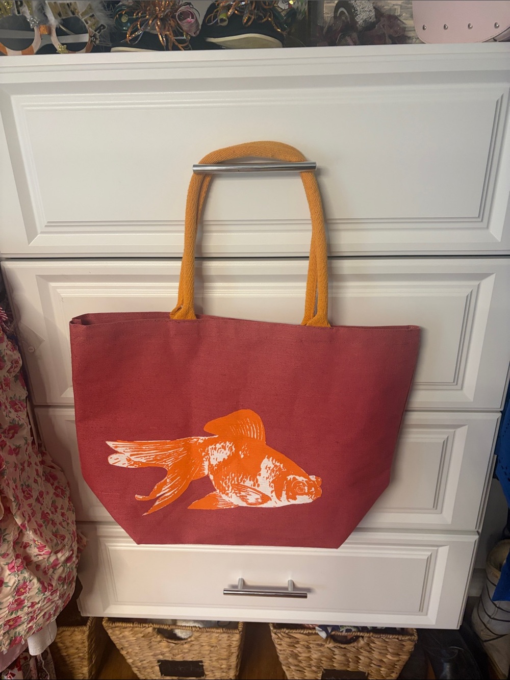 Canvas Tote Bag with Orange Fish Print and Mustard Handles
